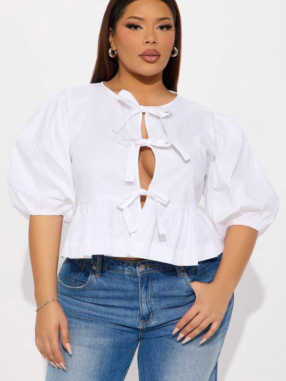 Fashion Nova White Tie-Front Peplum Puff Sleeve Top